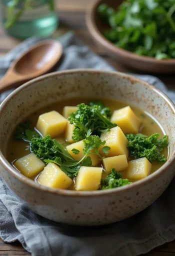 Vegaaninen Psarosoupa, tofulla, lehtikaalilla ja tuoreella persiljalla tarjoiltuna