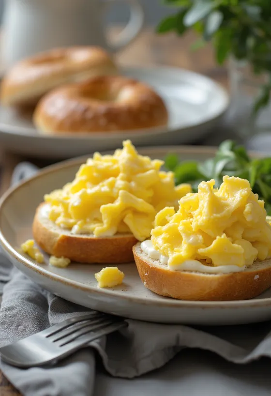 Bagel munakokkelilla ja tuorejuustolla, tuoreella persiljalla koristeltuna