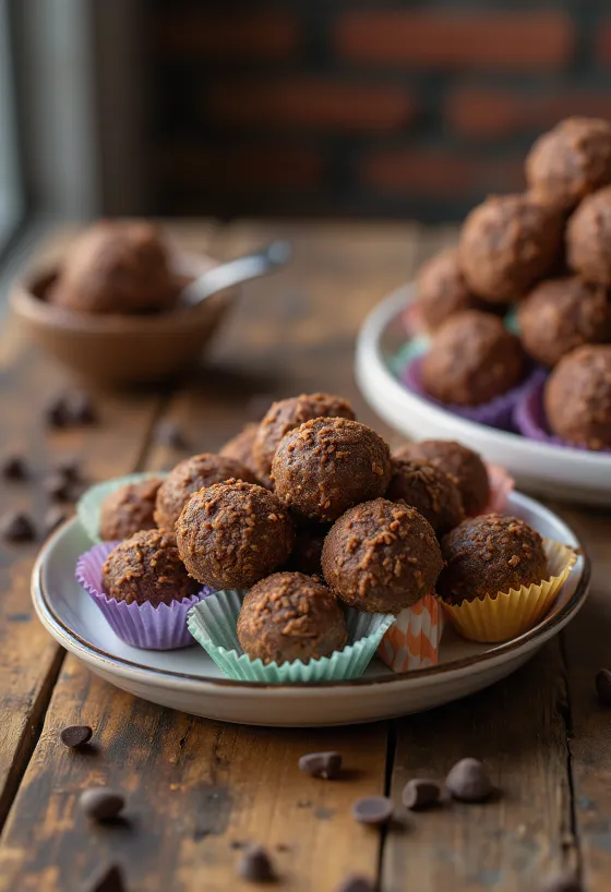 Brigadeiro maidolla, suklaakuorrutteessa pyöriteltyjä palloja, raikas ja houkutteleva ulkonäkö
