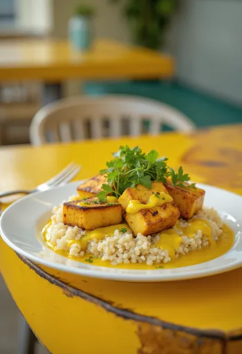 Grillattu tofu, kvinoaa ja curry-tahinikastiketta tarjoiltuna