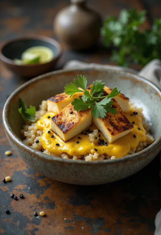 Grillattua tofua, kvinoaa ja curry-limetahinia tarjoiltuna