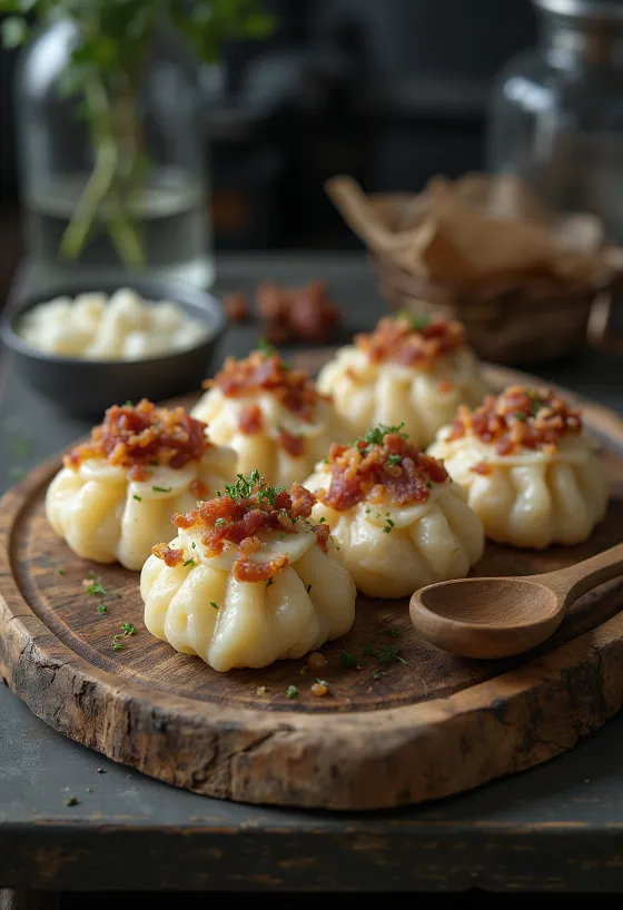 Bryndza-haluškat smetanan ja paistetun pekonin kera tarjoiltuna.