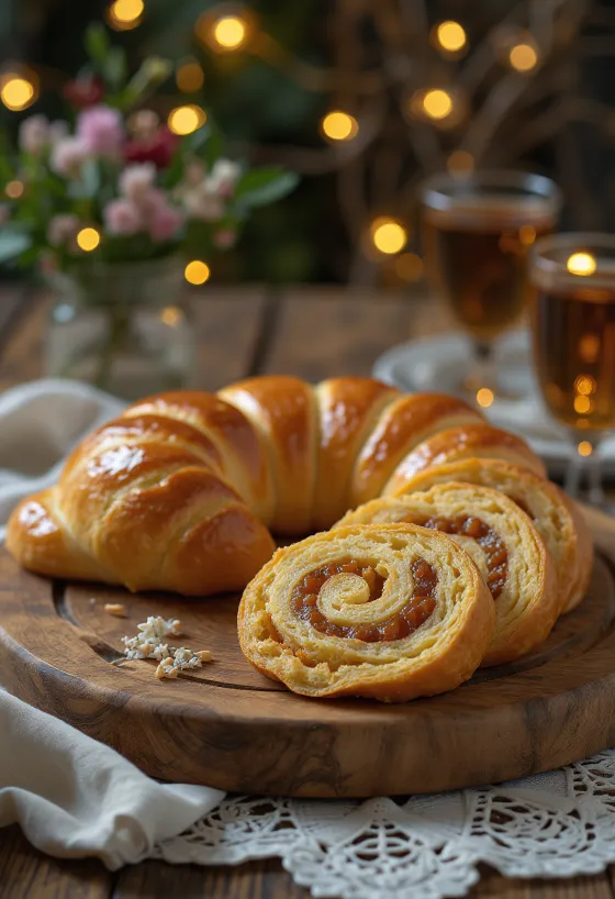 Marsipaanibejgli kullanruskealla kuorella ja runsaalla täytteellä