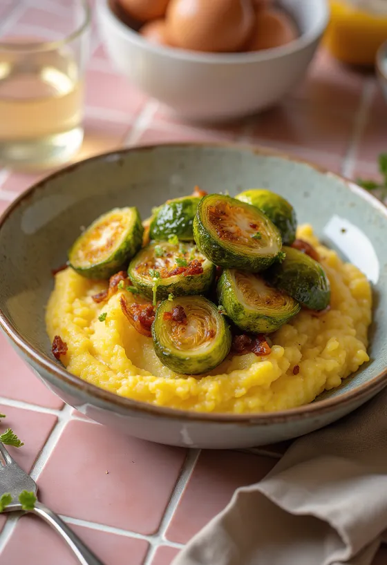 Polenta paahdetulla ruusukaalilla tarjoiltuna, kermainen pohja ja rapeiden vihannesten yhdistelmä