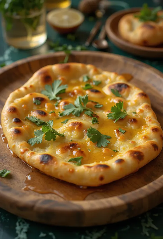 Roghni naan hunajalla, tarjoiltuna tuoreen korianterin kera