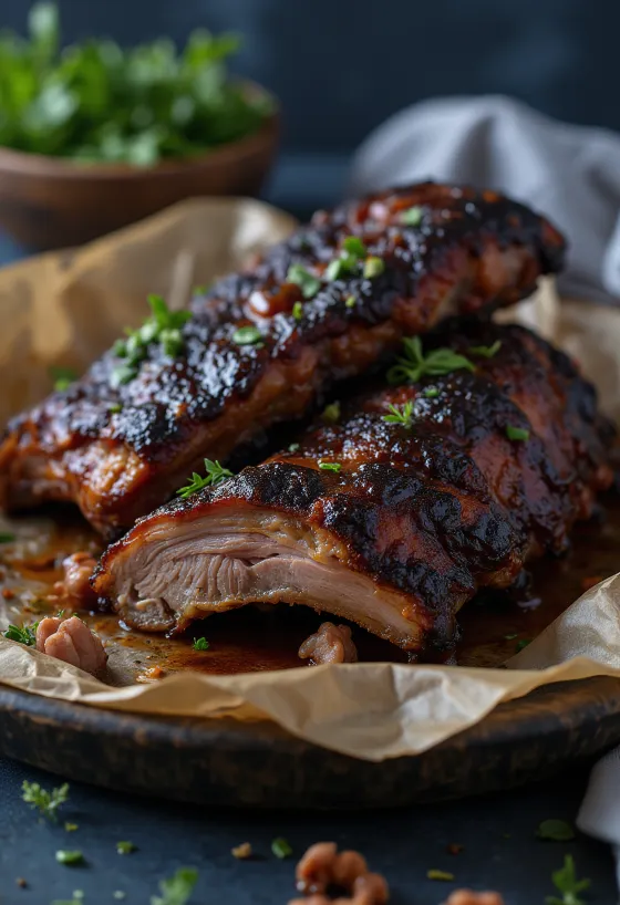 Smoked buffalo ribs tarjoiltuna rustiikkisella vadilla barbecue-kastikkeen kera.