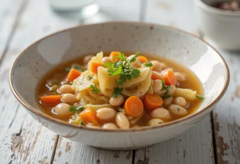 Vegaaninen Escudella tarjoiltuna, tuoreella persiljalla ripoteltuna
