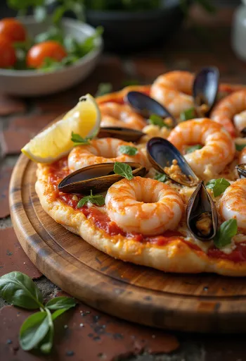 Extra katkarapu Frutti di Mare -pizza tarjoiltuna