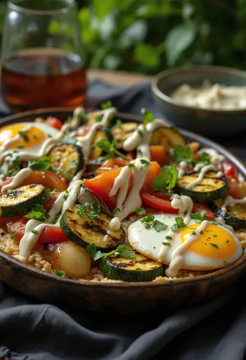 Grillattuja kasviksia tahinikastikkeella, persiljalla koristeltuna