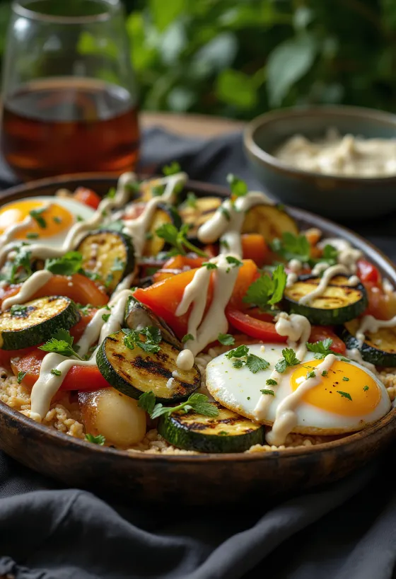 Grillattuja kasviksia tahinikastikkeella, persiljalla koristeltuna