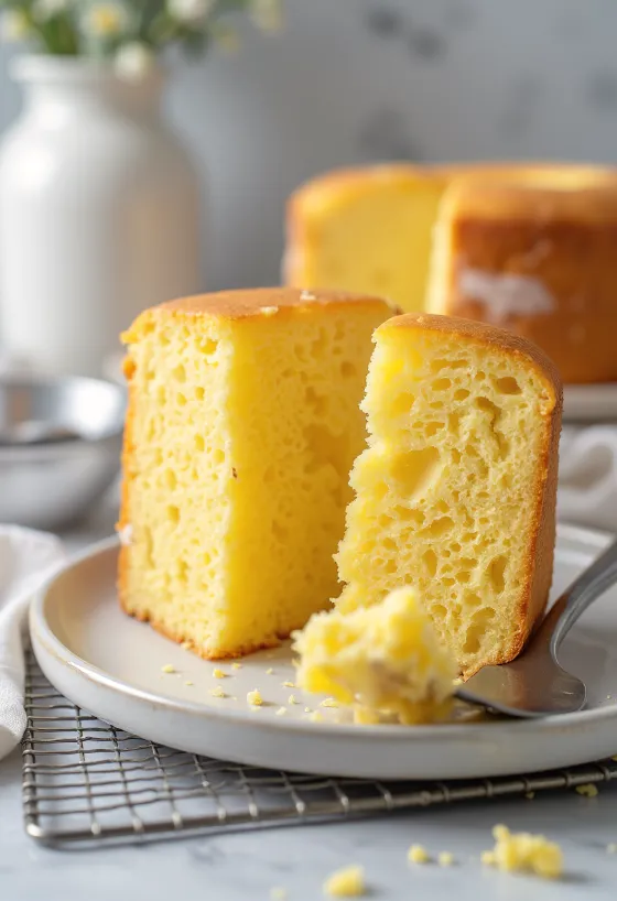 Kotitekoinen sokerikakkupohja viipaleina, kullanruskealla pinnalla