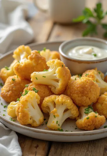 Kullanruskeaksi paistettu leivitetty kukkakaali, rapeassa kuorrutteessa tarjoiltuna