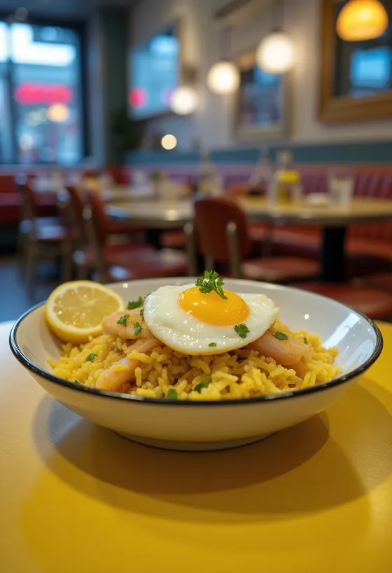 Smoked haddock kedgeree tarjoiltuna kulhossa munien ja persiljan kera.