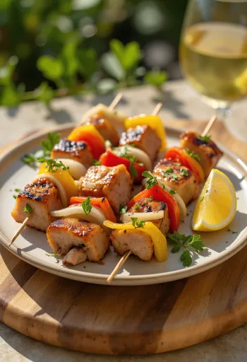 Espetinho porsaanlihalla, grillattu lihavarras vihanneksilla, tarjoiltuna