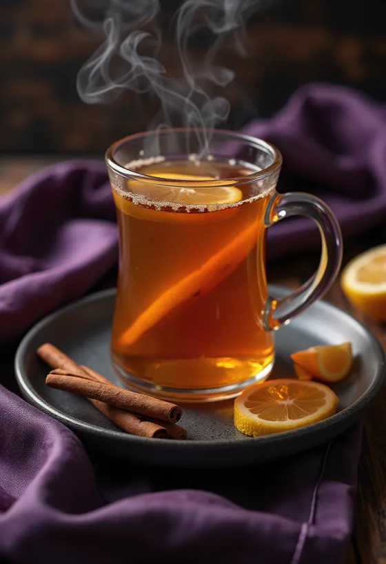 Hot Toddy -juoma kanelitangolla ja sitruunaviipaleella koristeltuna
