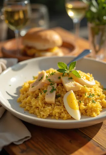 Klassinen kedgeree-annos lautasella