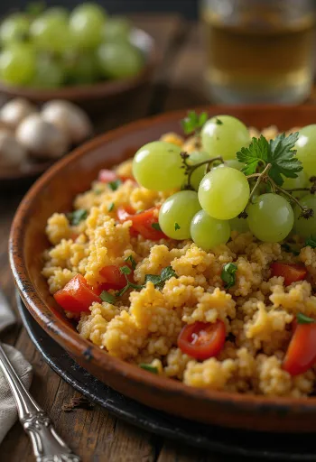 Migas viinirypäleillä, rapea leipä, viinirypäle ja tuore persilja koristelu