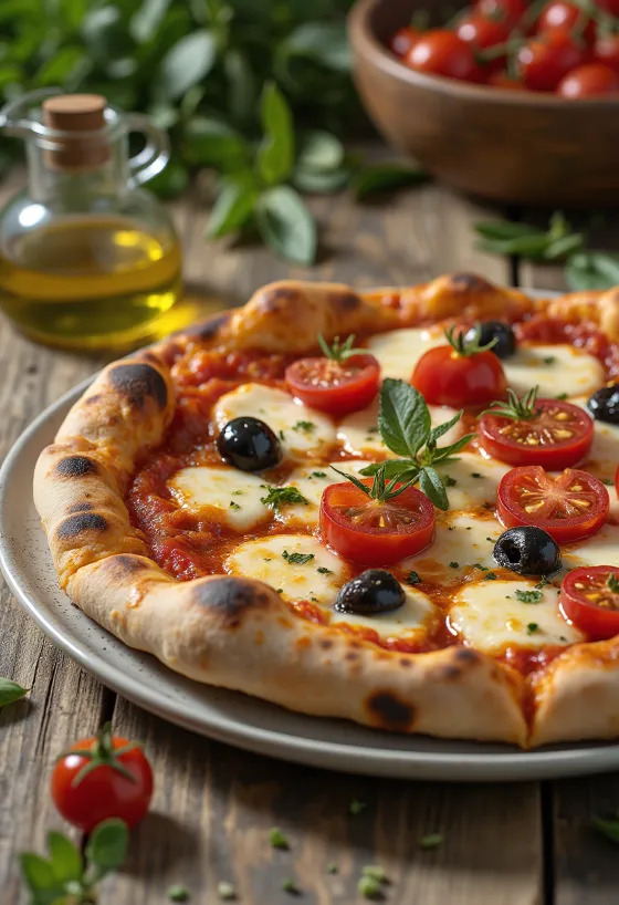 Pizza alla Barese tomaatilla ja mustilla oliiveilla