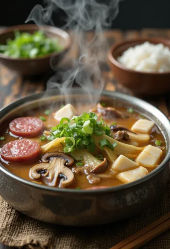 Sundae Jeongol tarjoiltuna tuoreilla vihanneksilla ja chilillä