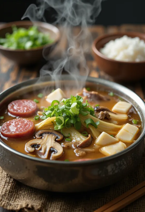 Sundae Jeongol tarjoiltuna tuoreilla vihanneksilla ja chilillä