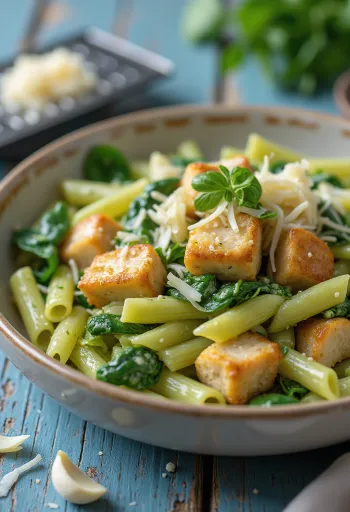 Kananrintaa ja pinaattipastaa parmesaanin kanssa tarjoiltuna