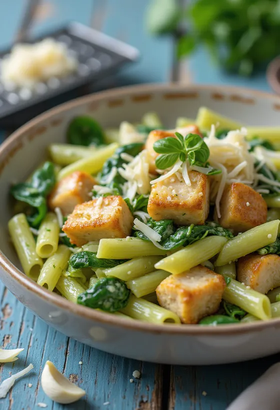 Kananrintaa ja pinaattipastaa parmesaanin kanssa tarjoiltuna