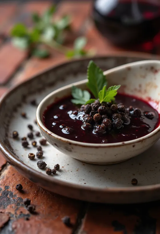 Mustapippuri-punaviinikastike tarjoiltuna