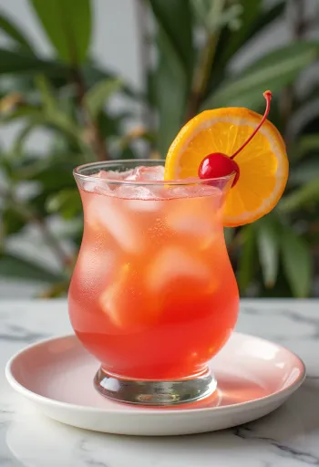 Hurricane-cocktail appelsiiniviipaleella ja cocktailkirsikalla koristeltuna