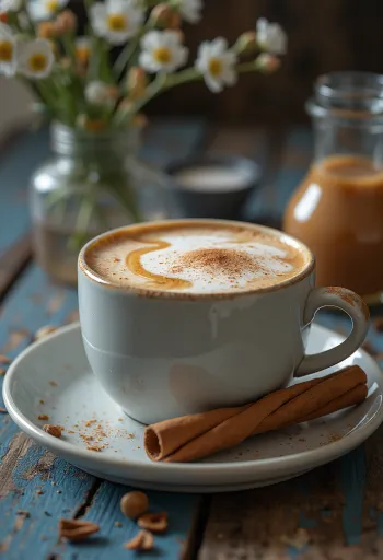 Karamelli-chai-latte lasissa tarjoiltuna