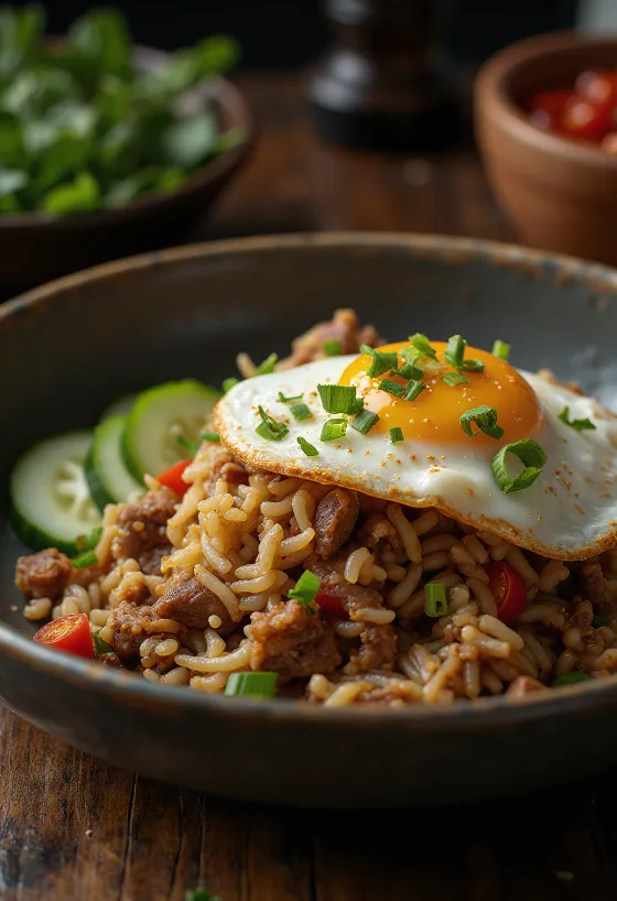 Nasi Goreng naudanlihalla ja paistetulla kananmunalla tarjoiltuna