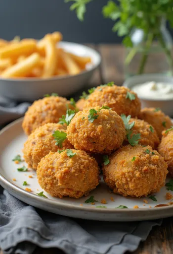 Kullanruskeaksi paistettuja leivitettyjä sieniä rapeassa kuorrutteessa, tuoreen salaatin ja tartarkastikkeen kera tarjoiltuna.