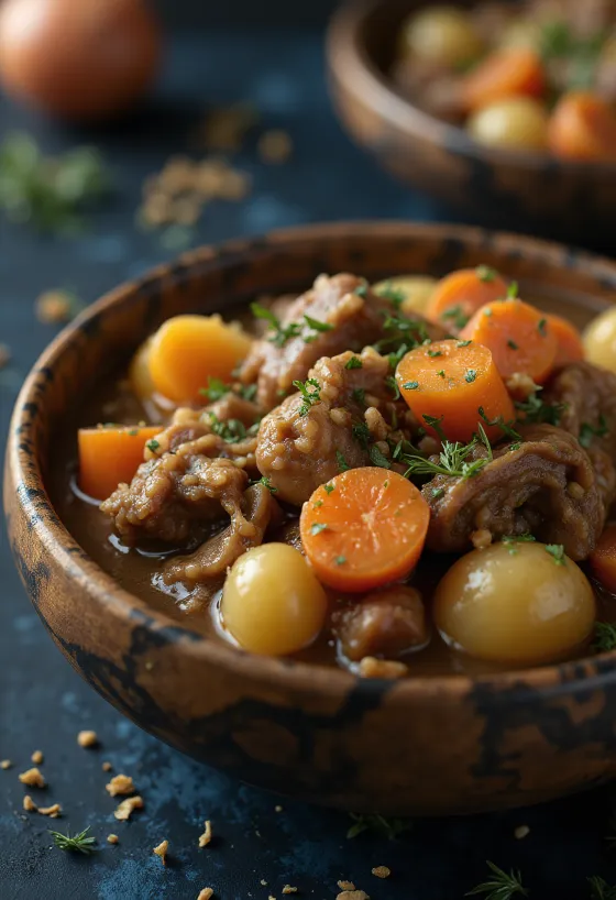 Squirrel stew tarjoiltuna rustiikkisessa kulhossa tuoreen leivän kera.