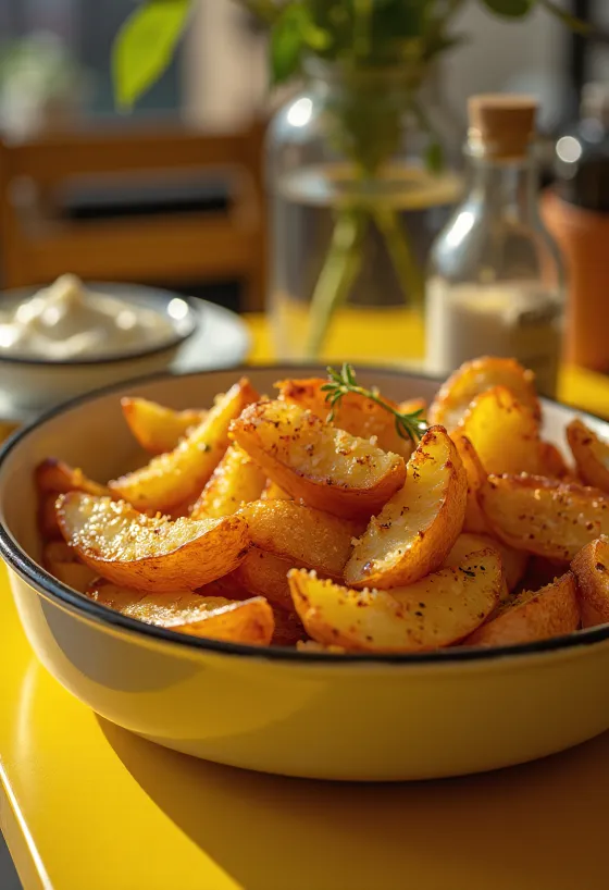 Rapeat mausteiset perunat kullanruskeaksi paistettuna, tuoreilla yrteillä ripoteltuna