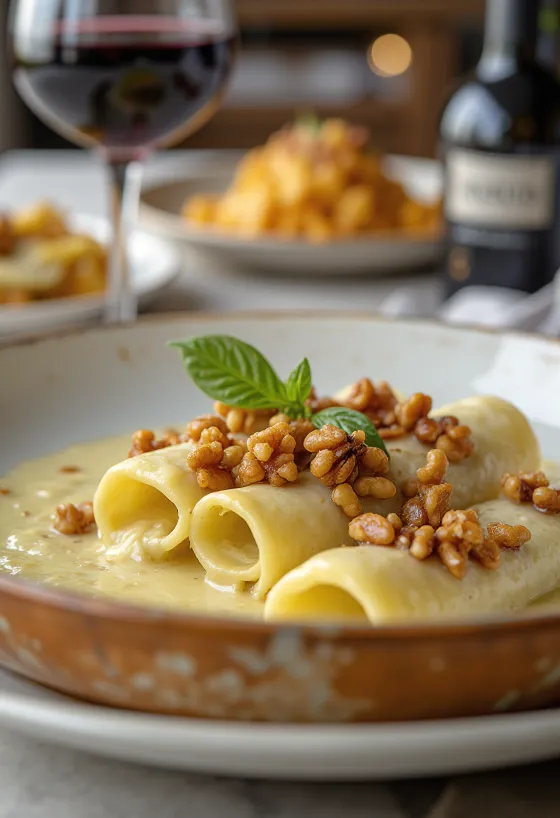 Gorgonzola-saksanpähkinäcannelloni juuri uunista