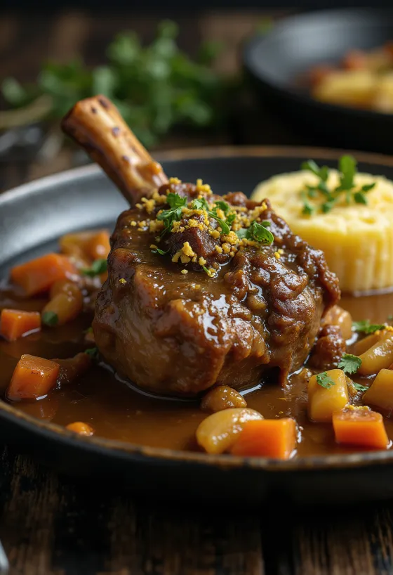 Osso buco gremolatalla tarjoiltuna risoton kera