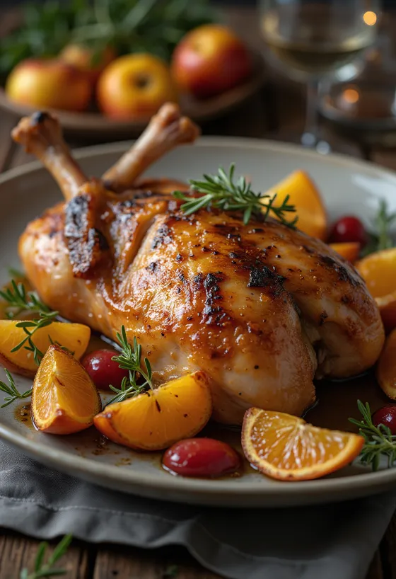 Paistettua ankankoipea ja hedelmäinen lisuke tarjoiltuna