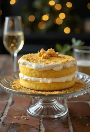 Kullankeltainen kakku kimaltelevalla kuorrutuksella