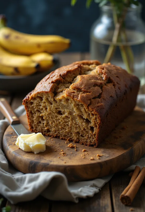 Banaanileipä kanelilla, pehmeä ja mausteinen, viipaloituna tarjoiltuna