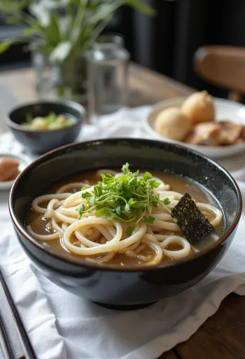 Bukkake udon kylmällä udon-nuudelilla, dashi-liemessä, tuoreilla vihanneksilla