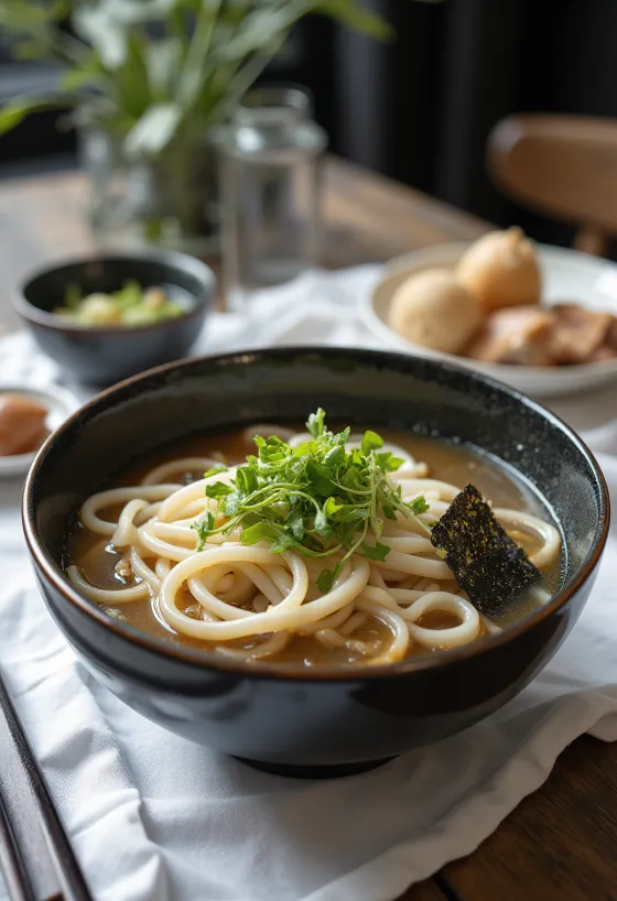 Bukkake udon kylmällä udon-nuudelilla, dashi-liemessä, tuoreilla vihanneksilla