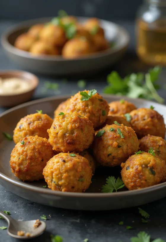 Falafel rapealla kullanruskealla kuorella, tuoreilla yrteillä koristeltuna
