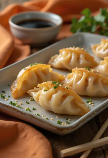 Gyoza katkaravuilla, rapeassa taikinassa, tarjoiltuna seesaminsiemenillä ja korianterilla