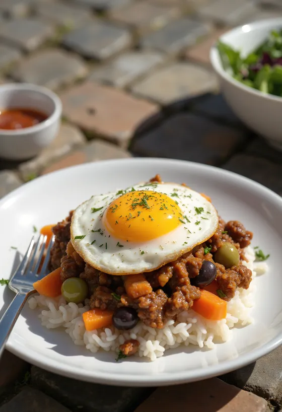 Picadillo kananmunalla, tarjoiltuna tuoreen korianterin kera