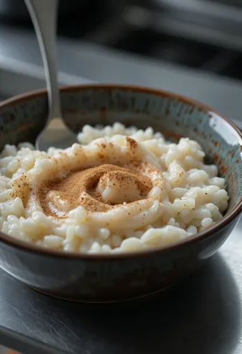 Kermainen tanskalainen risengrød tarjoiltuna kanelisokerilla ripoteltuna