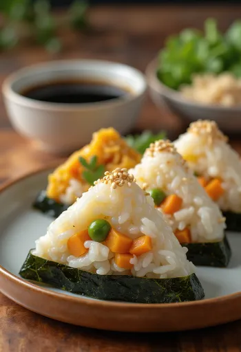 Curry-kasvis onigiri nori-arkeilla tarjoiltuna