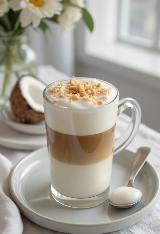 Kookosmaitolatte vastatarjoiltuna
