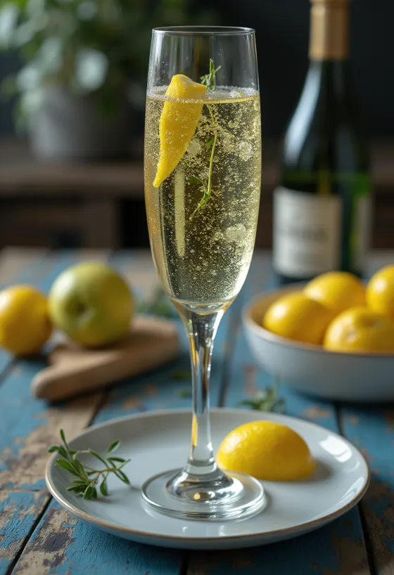 Italialainen prosecco-siideri lasissa rosmariininoksalla koristeltuna