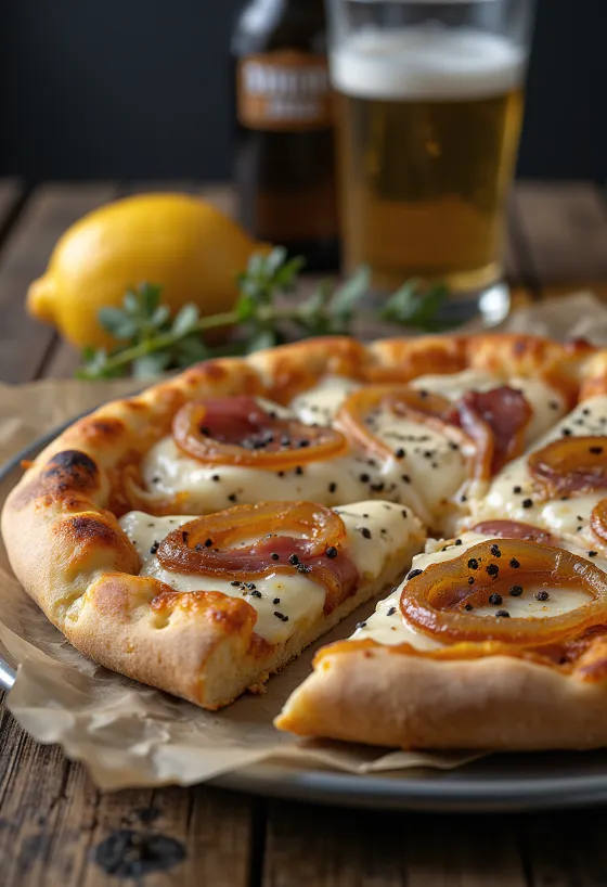 Pizza Alsacienne smetanalla, sipulilla ja pekonilla