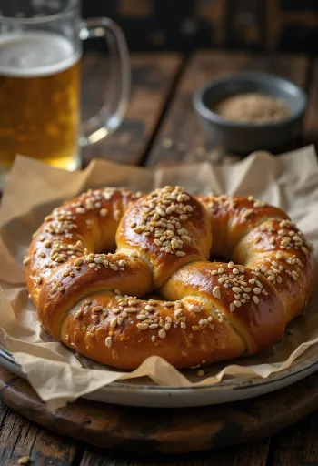 Tummanruskea pretzel, jonka pinnalla on karkeaa suolaa ja kuminansiemeniä.