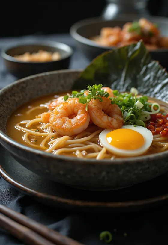 Ramen-kulho paistetuilla katkaravuilla, nuudeleilla ja täytteillä